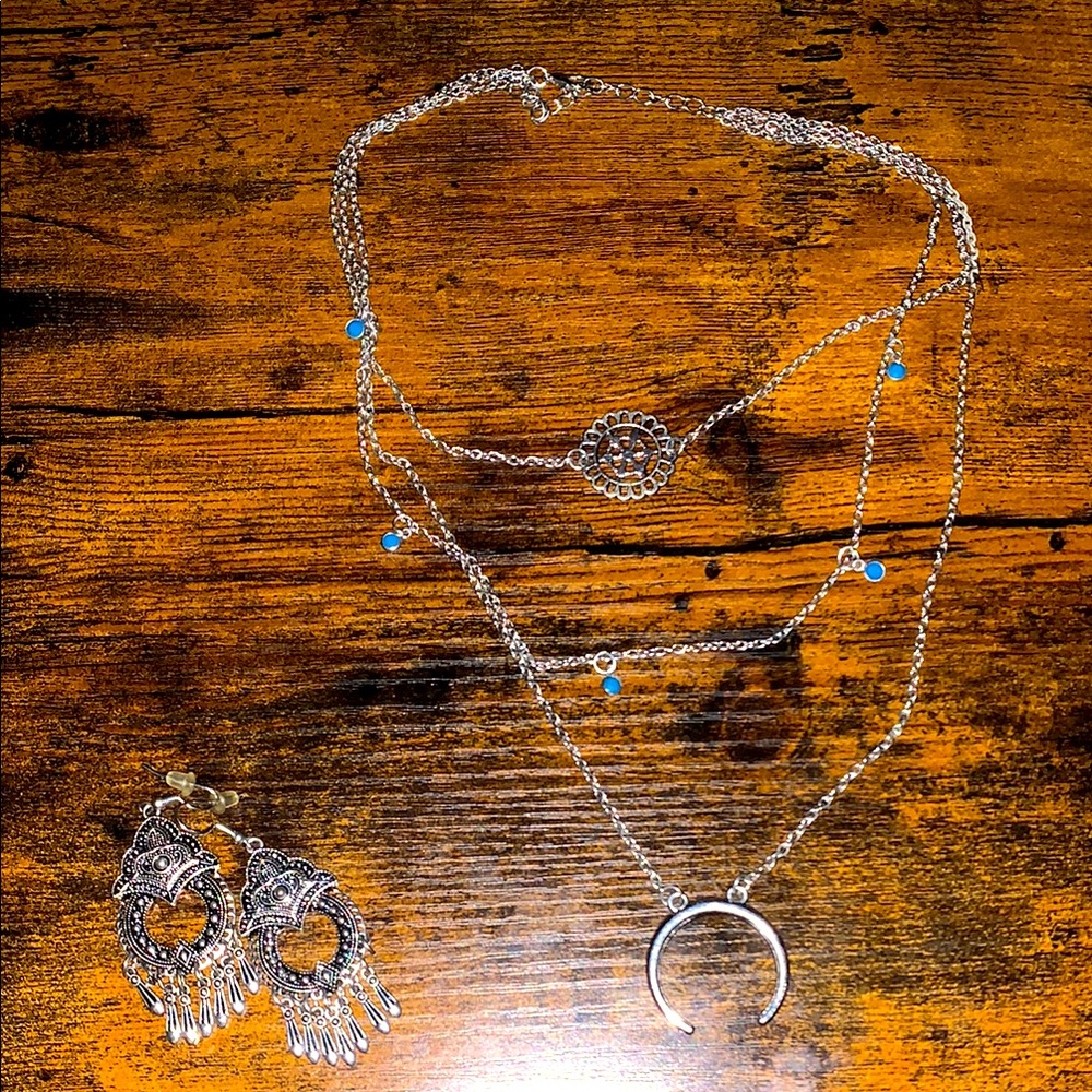 Elegant Silver and Blue Layered Necklace and Earring Set